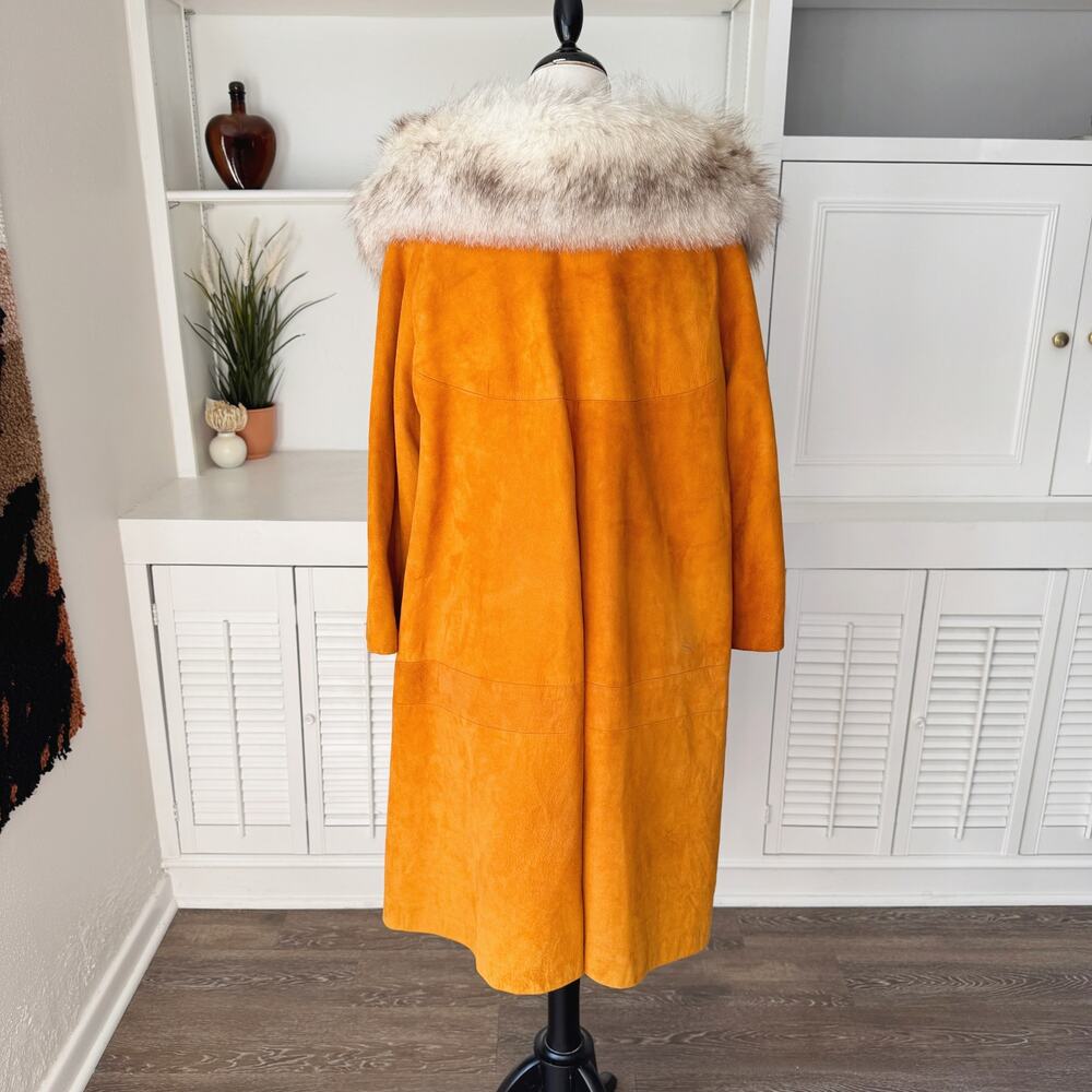 Vintage Rust Burnt Orange Suede Leather Fur Collar Trench Jacket Size M - Picture 7 of 8